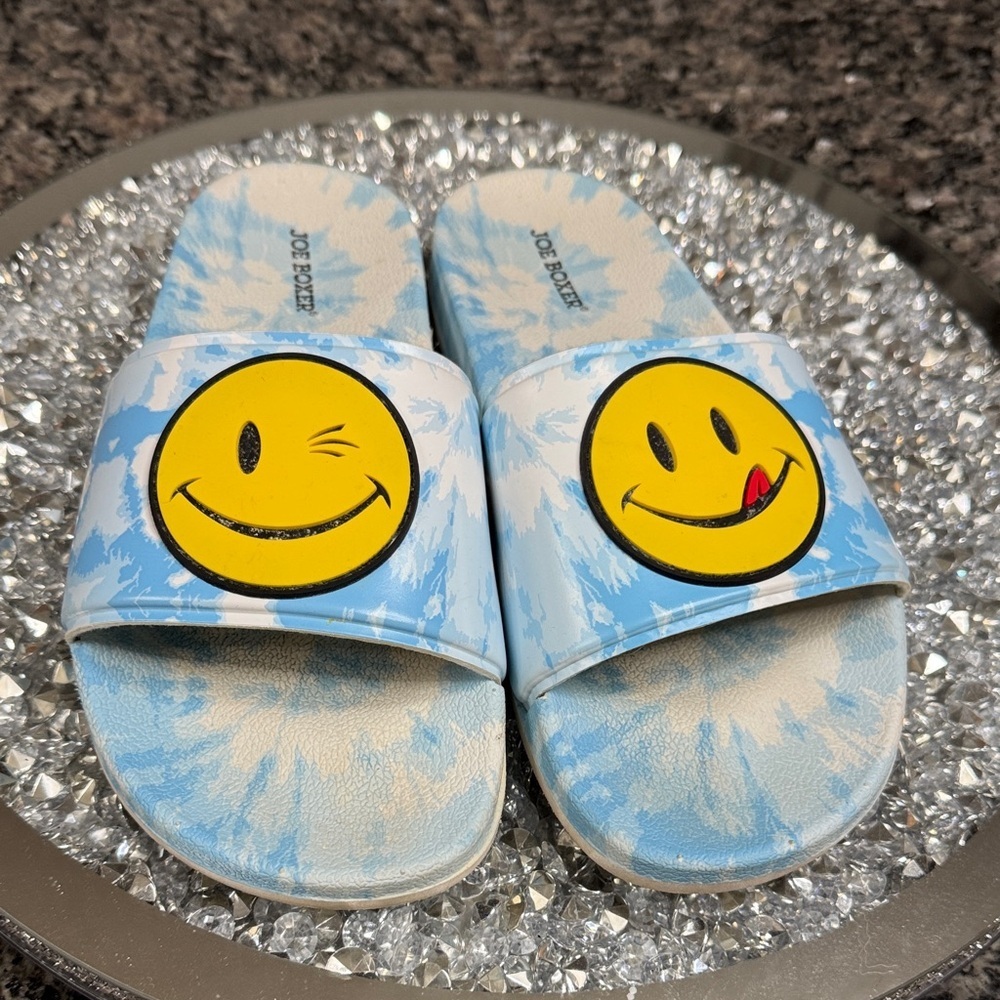 Joe Boxer Blue Tie-Dye Smiley pool Slides 9